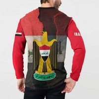 Iraq Flag Texture Button Sweatshirt with Golden Eagle Emblem and Cracked Earth Background Design - Wonder Print Shop