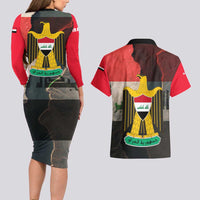 Iraq Flag Texture Couples Matching Long Sleeve Bodycon Dress and Hawaiian Shirt with Golden Eagle Emblem and Cracked Earth Background Design - Wonder Print Shop