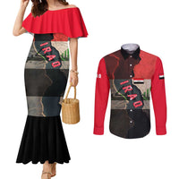 Iraq Flag Texture Couples Matching Mermaid Dress and Long Sleeve Button Shirt with Golden Eagle Emblem and Cracked Earth Background Design - Wonder Print Shop