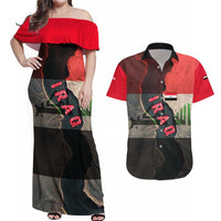 Iraq Flag Texture Couples Matching Off Shoulder Maxi Dress and Hawaiian Shirt with Golden Eagle Emblem and Cracked Earth Background Design - Wonder Print Shop