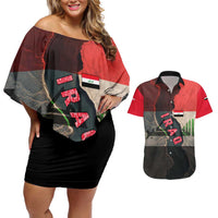 Iraq Flag Texture Couples Matching Off Shoulder Short Dress and Hawaiian Shirt with Golden Eagle Emblem and Cracked Earth Background Design - Wonder Print Shop