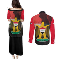 Iraq Flag Texture Couples Matching Puletasi and Long Sleeve Button Shirt with Golden Eagle Emblem and Cracked Earth Background Design - Wonder Print Shop