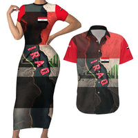 Iraq Flag Texture Couples Matching Short Sleeve Bodycon Dress and Hawaiian Shirt with Golden Eagle Emblem and Cracked Earth Background Design - Wonder Print Shop