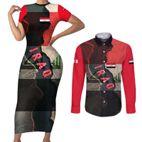 Iraq Flag Texture Couples Matching Short Sleeve Bodycon Dress and Long Sleeve Button Shirt with Golden Eagle Emblem and Cracked Earth Background Design - Wonder Print Shop