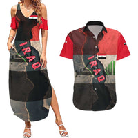 Iraq Flag Texture Couples Matching Summer Maxi Dress and Hawaiian Shirt with Golden Eagle Emblem and Cracked Earth Background Design - Wonder Print Shop