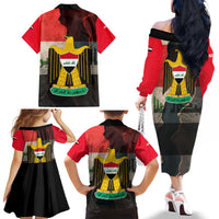 Iraq Flag Texture Family Matching Off The Shoulder Long Sleeve Dress and Hawaiian Shirt with Golden Eagle Emblem and Cracked Earth Background Design - Wonder Print Shop