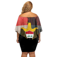 Iraq Flag Texture Family Matching Off Shoulder Short Dress and Hawaiian Shirt with Golden Eagle Emblem and Cracked Earth Background Design - Wonder Print Shop