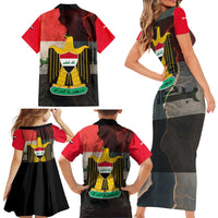 Iraq Flag Texture Family Matching Short Sleeve Bodycon Dress and Hawaiian Shirt with Golden Eagle Emblem and Cracked Earth Background Design - Wonder Print Shop