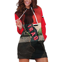 Iraq Flag Texture Hoodie Dress with Golden Eagle Emblem and Cracked Earth Background Design - Wonder Print Shop