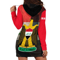 Iraq Flag Texture Hoodie Dress with Golden Eagle Emblem and Cracked Earth Background Design - Wonder Print Shop