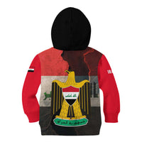 Iraq Flag Texture Kid Hoodie with Golden Eagle Emblem and Cracked Earth Background Design - Wonder Print Shop