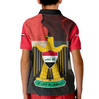 Iraq Flag Texture Kid Polo Shirt with Golden Eagle Emblem and Cracked Earth Background Design - Wonder Print Shop