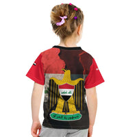 Iraq Flag Texture Kid T Shirt with Golden Eagle Emblem and Cracked Earth Background Design - Wonder Print Shop