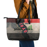 Iraq Flag Texture Leather Tote Bag with Golden Eagle Emblem and Cracked Earth Background Design - Wonder Print Shop