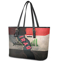 Iraq Flag Texture Leather Tote Bag with Golden Eagle Emblem and Cracked Earth Background Design - Wonder Print Shop