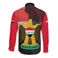 Iraq Flag Texture Long Sleeve Button Shirt with Golden Eagle Emblem and Cracked Earth Background Design - Wonder Print Shop