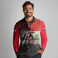 Iraq Flag Texture Long Sleeve Polo Shirt with Golden Eagle Emblem and Cracked Earth Background Design - Wonder Print Shop
