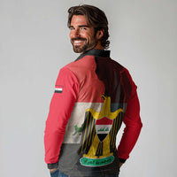 Iraq Flag Texture Long Sleeve Polo Shirt with Golden Eagle Emblem and Cracked Earth Background Design - Wonder Print Shop