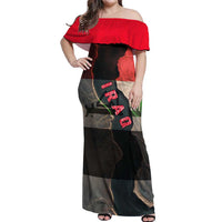 Iraq Flag Texture Off Shoulder Maxi Dress with Golden Eagle Emblem and Cracked Earth Background Design - Wonder Print Shop