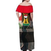 Iraq Flag Texture Off Shoulder Maxi Dress with Golden Eagle Emblem and Cracked Earth Background Design - Wonder Print Shop