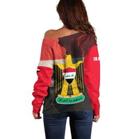 Iraq Flag Texture Off Shoulder Sweater with Golden Eagle Emblem and Cracked Earth Background Design - Wonder Print Shop