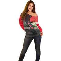 Iraq Flag Texture Off Shoulder Sweater with Golden Eagle Emblem and Cracked Earth Background Design - Wonder Print Shop