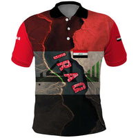 Iraq Flag Texture Polo Shirt with Golden Eagle Emblem and Cracked Earth Background Design - Wonder Print Shop