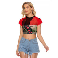 Iraq Flag Texture Raglan Cropped T Shirt with Golden Eagle Emblem and Cracked Earth Background Design - Wonder Print Shop