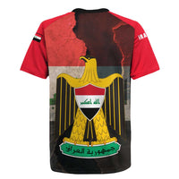 Iraq Flag Texture Rugby Jersey with Golden Eagle Emblem and Cracked Earth Background Design - Wonder Print Shop