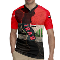 Iraq Flag Texture Rugby Jersey with Golden Eagle Emblem and Cracked Earth Background Design - Wonder Print Shop