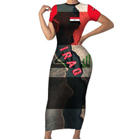 Iraq Flag Texture Short Sleeve Bodycon Dress with Golden Eagle Emblem and Cracked Earth Background Design - Wonder Print Shop