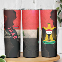 Iraq Flag Texture Skinny Tumbler with Golden Eagle Emblem and Cracked Earth Background Design - Wonder Print Shop
