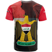 Iraq Flag Texture T Shirt with Golden Eagle Emblem and Cracked Earth Background Design - Wonder Print Shop