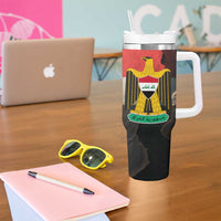 Iraq Flag Texture Tumbler With Handle with Golden Eagle Emblem and Cracked Earth Background Design - Wonder Print Shop