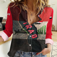 Iraq Flag Texture Women Casual Shirt with Golden Eagle Emblem and Cracked Earth Background Design - Wonder Print Shop