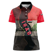 Iraq Flag Texture Women Polo Shirt with Golden Eagle Emblem and Cracked Earth Background Design - Wonder Print Shop