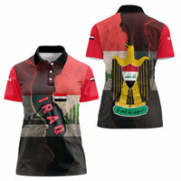 Iraq Flag Texture Women Polo Shirt with Golden Eagle Emblem and Cracked Earth Background Design - Wonder Print Shop