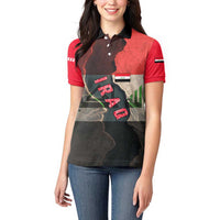 Iraq Flag Texture Women Polo Shirt with Golden Eagle Emblem and Cracked Earth Background Design - Wonder Print Shop