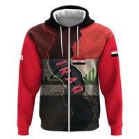 Iraq Flag Texture Zip Hoodie with Golden Eagle Emblem and Cracked Earth Background Design - Wonder Print Shop