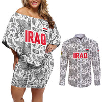 Iraq Ancient Mesopotamian Lamassu Couples Matching Off Shoulder Short Dress and Long Sleeve Button Shirt with Mythical Motif Design - Wonder Print Shop