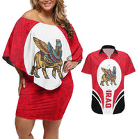 Iraq Couples Matching Off Shoulder Short Dress and Hawaiian Shirt with Lamassu Mythical Creature and National Map Design - Wonder Print Shop