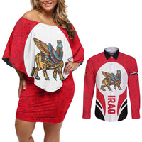 Iraq Couples Matching Off Shoulder Short Dress and Long Sleeve Button Shirt with Lamassu Mythical Creature and National Map Design - Wonder Print Shop