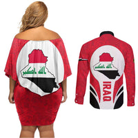 Iraq Couples Matching Off Shoulder Short Dress and Long Sleeve Button Shirt with Lamassu Mythical Creature and National Map Design - Wonder Print Shop