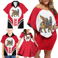 Iraq Family Matching Off Shoulder Short Dress and Hawaiian Shirt with Lamassu Mythical Creature and National Map Design - Wonder Print Shop