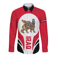 Iraq Long Sleeve Button Shirt with Lamassu Mythical Creature and National Map Design - Wonder Print Shop