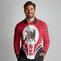 Iraq Long Sleeve Polo Shirt with Lamassu Mythical Creature and National Map Design - Wonder Print Shop