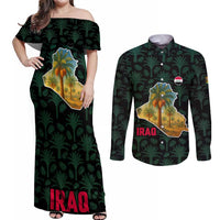 Iraq Couples Matching Off Shoulder Maxi Dress and Long Sleeve Button Shirt with Palm Tree Landscape and Map Silhouette Design - Wonder Print Shop