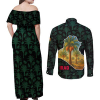 Iraq Couples Matching Off Shoulder Maxi Dress and Long Sleeve Button Shirt with Palm Tree Landscape and Map Silhouette Design - Wonder Print Shop