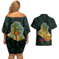 Iraq Couples Matching Off Shoulder Short Dress and Hawaiian Shirt with Palm Tree Landscape and Map Silhouette Design - Wonder Print Shop