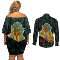 Iraq Couples Matching Off Shoulder Short Dress and Long Sleeve Button Shirt with Palm Tree Landscape and Map Silhouette Design - Wonder Print Shop